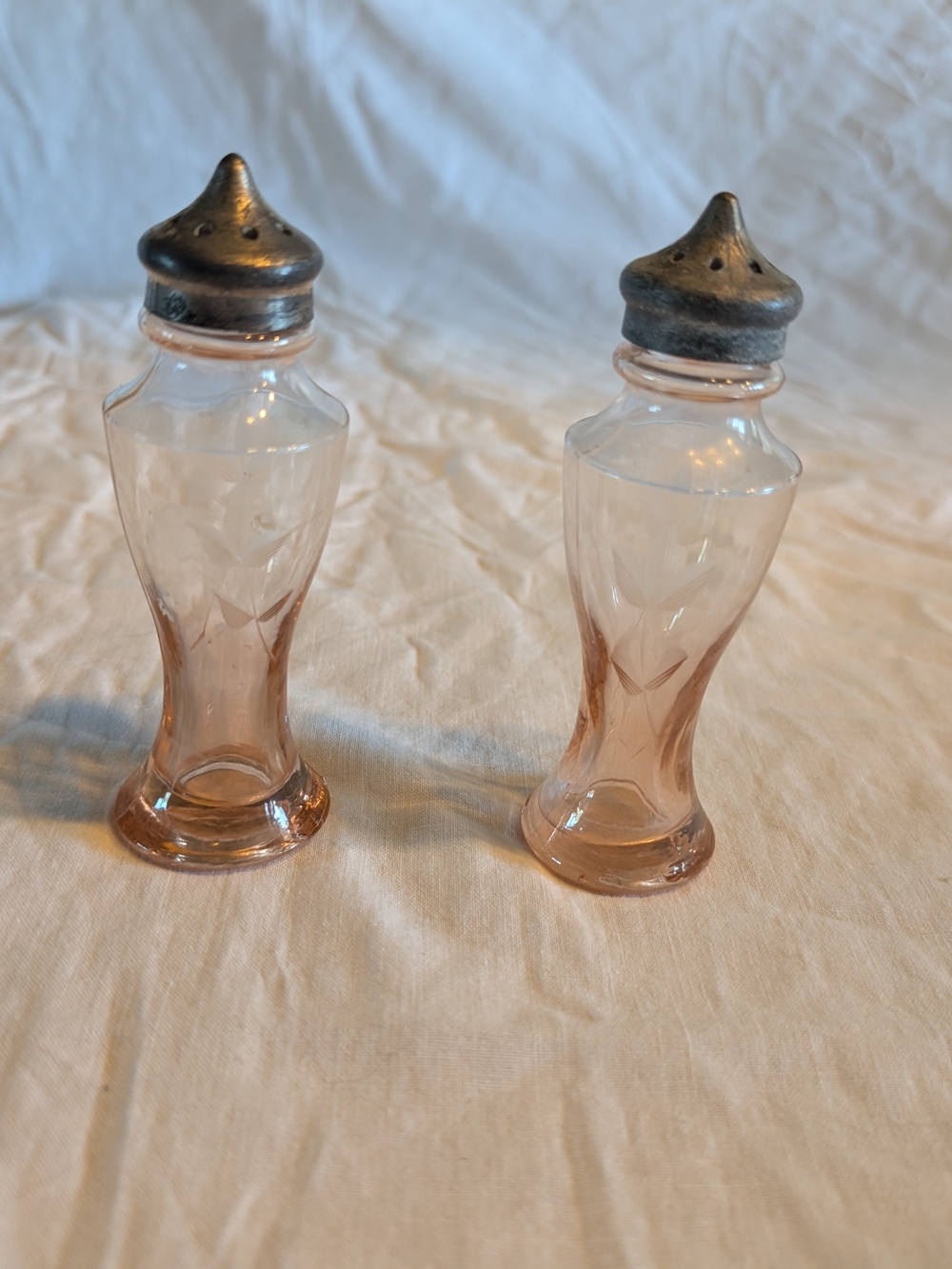 2/60$ Vintage Pink Glass Salt & Pepper Shakers with silver Tops
